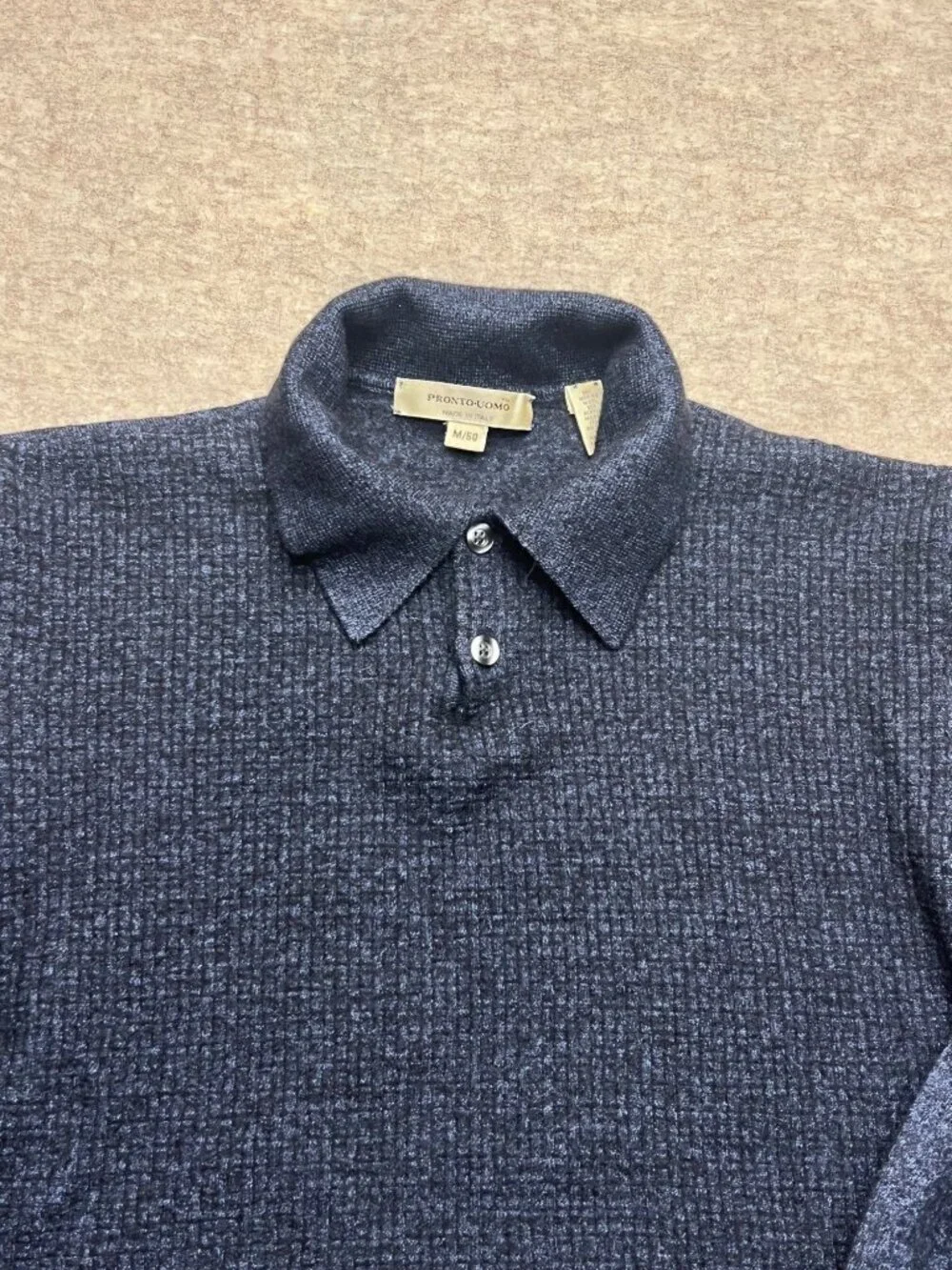 Vintage Pronto Uomo Blue Merino Wool Polo Sweater Solid Lightweight Medium Italy - Picture 2 of 10